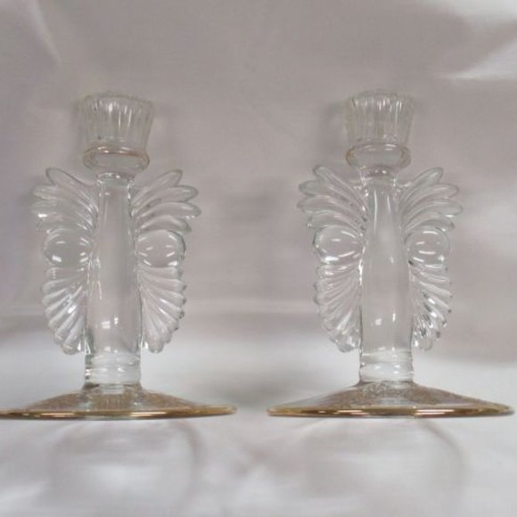 Paden City Glass Crystal Gold Encrusted 6 In Gazebo Candle Sticks, Pair - Picture 4 of 4